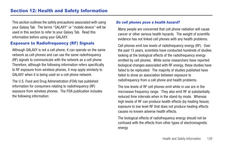 Section 12: health and safety information, Exposure to radiofrequency (rf) signals | Samsung SGH-T849ZKDTMB User Manual | Page 133 / 158