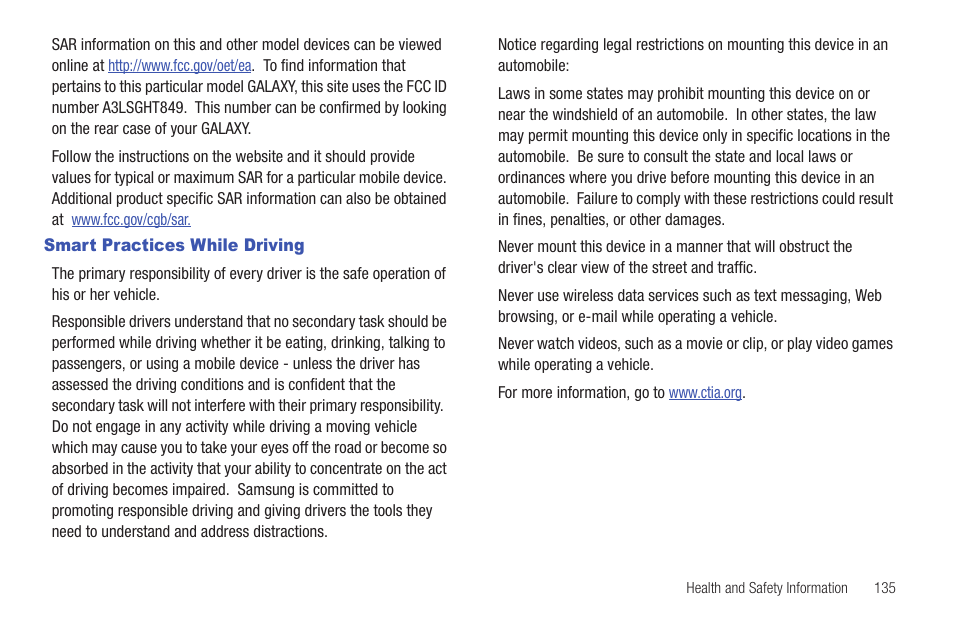 Smart practices while driving | Samsung SGH-T849ZKDTMB User Manual | Page 139 / 158