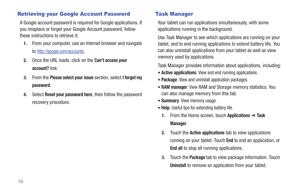 Retrieving your google account password, Task manager | Samsung SGH-T849ZKDTMB User Manual | Page 14 / 158