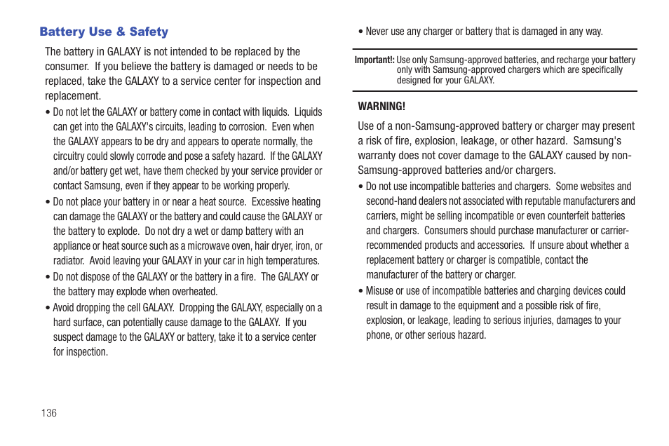 Battery use & safety | Samsung SGH-T849ZKDTMB User Manual | Page 140 / 158