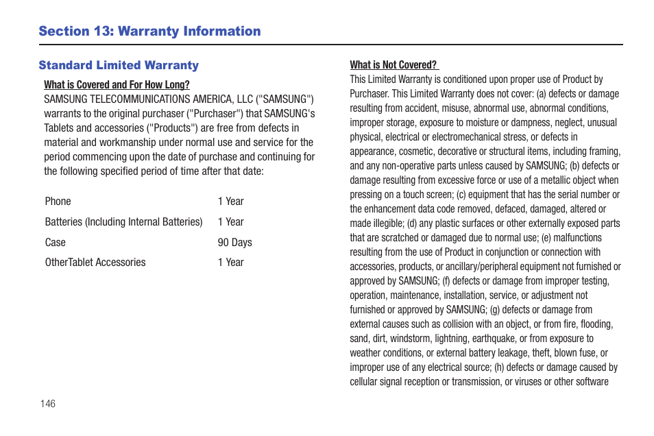 Section 13: warranty information, Standard limited warranty | Samsung SGH-T849ZKDTMB User Manual | Page 150 / 158