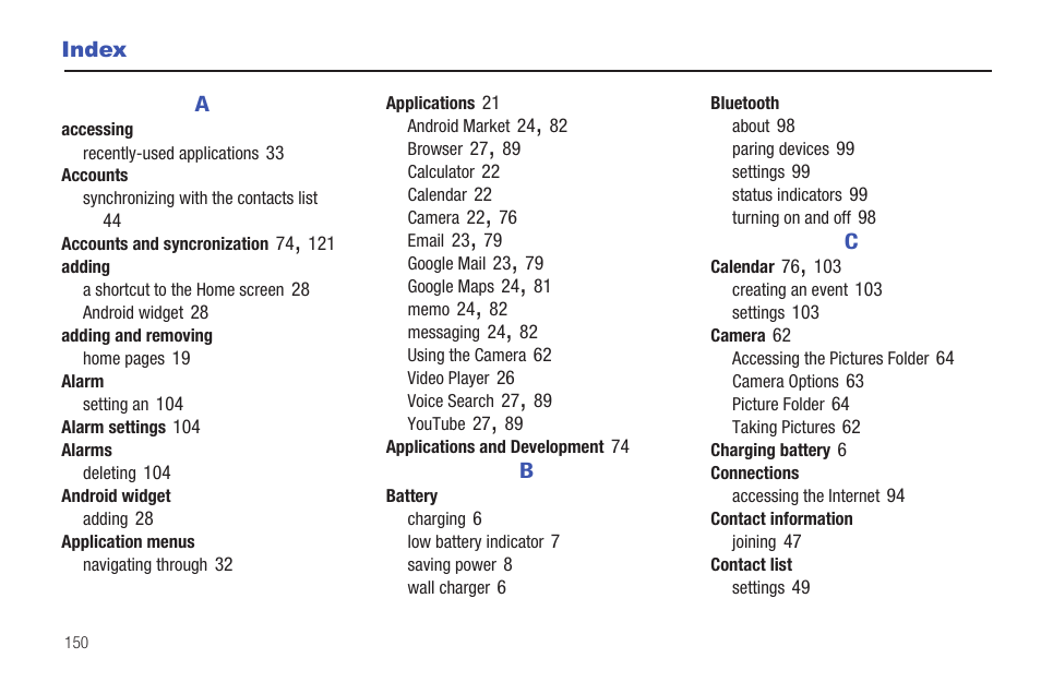 Index | Samsung SGH-T849ZKDTMB User Manual | Page 154 / 158