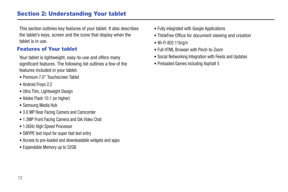 Section 2: understanding your tablet, Features of your tablet | Samsung SGH-T849ZKDTMB User Manual | Page 16 / 158