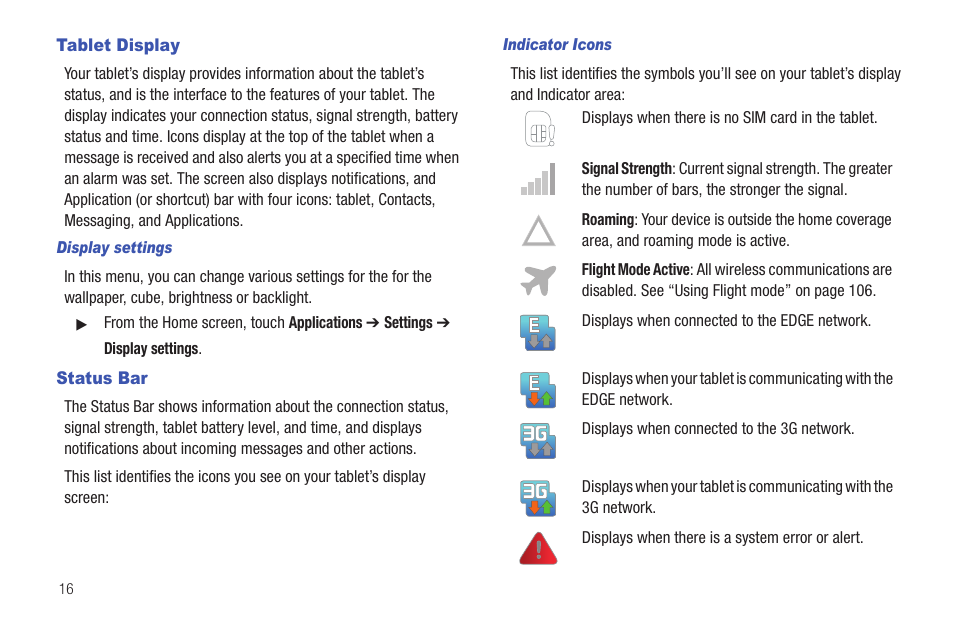 Tablet display, Status bar, Tablet display status bar | Samsung SGH-T849ZKDTMB User Manual | Page 20 / 158