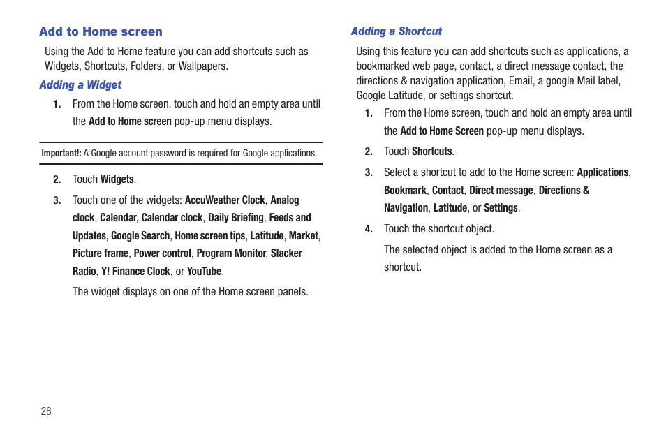 Add to home screen | Samsung SGH-T849ZKDTMB User Manual | Page 32 / 158