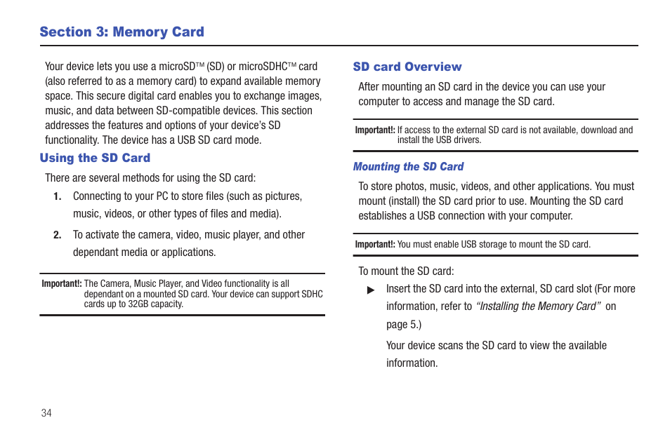 Section 3: memory card, Using the sd card, Sd card overview | Using the sd card sd card overview | Samsung SGH-T849ZKDTMB User Manual | Page 38 / 158