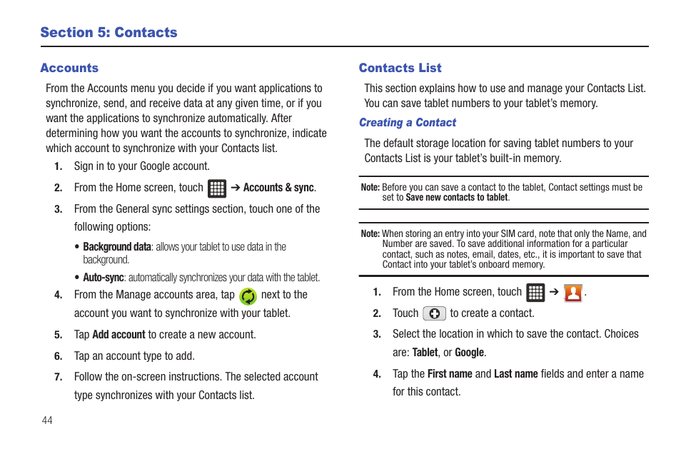 Section 5: contacts, Accounts, Contacts list | Accounts contacts list | Samsung SGH-T849ZKDTMB User Manual | Page 48 / 158