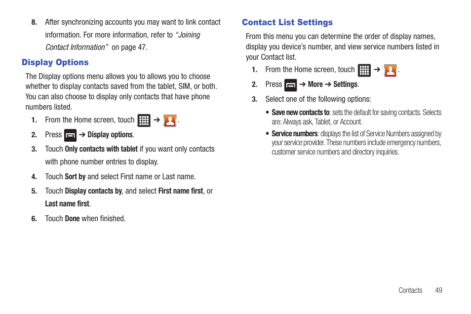 Display options, Contact list settings, Display options contact list settings | Samsung SGH-T849ZKDTMB User Manual | Page 53 / 158