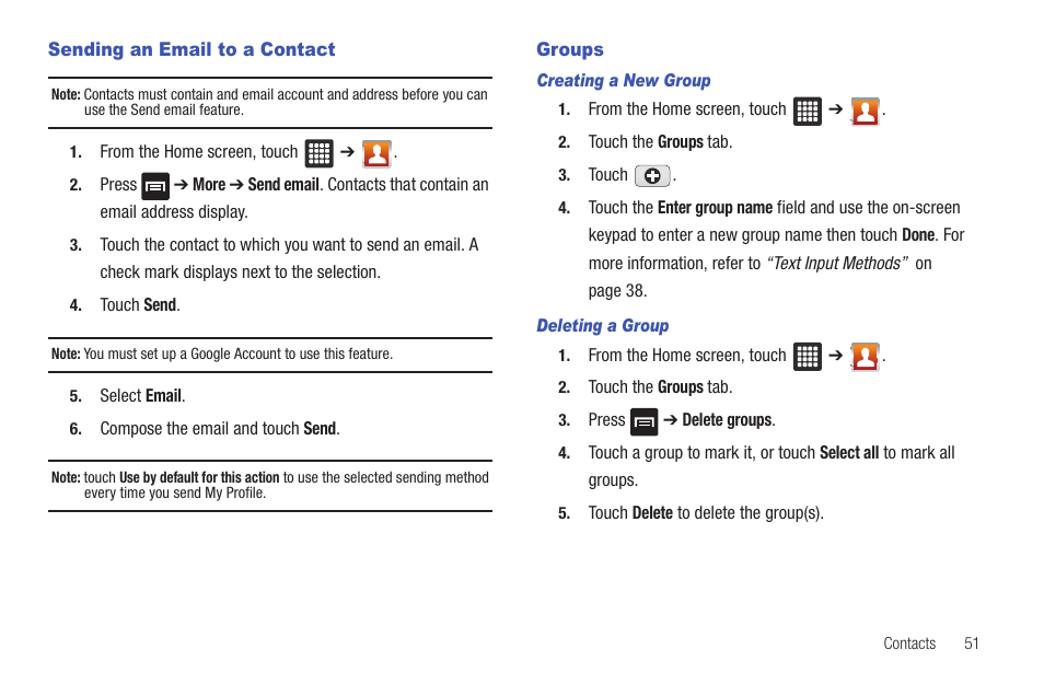 Sending an email to a contact, Groups, Sending an email to a contact groups | Samsung SGH-T849ZKDTMB User Manual | Page 55 / 158