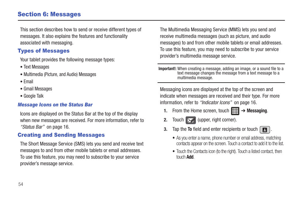 Section 6: messages, Types of messages, Creating and sending messages | Types of messages creating and sending messages | Samsung SGH-T849ZKDTMB User Manual | Page 58 / 158