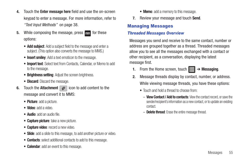 Managing messages | Samsung SGH-T849ZKDTMB User Manual | Page 59 / 158