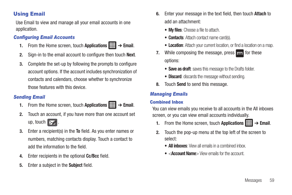 Using email | Samsung SGH-T849ZKDTMB User Manual | Page 63 / 158