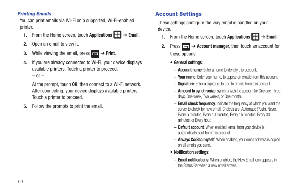 Account settings | Samsung SGH-T849ZKDTMB User Manual | Page 64 / 158