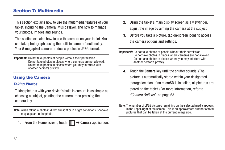 Section 7: multimedia, Using the camera | Samsung SGH-T849ZKDTMB User Manual | Page 66 / 158