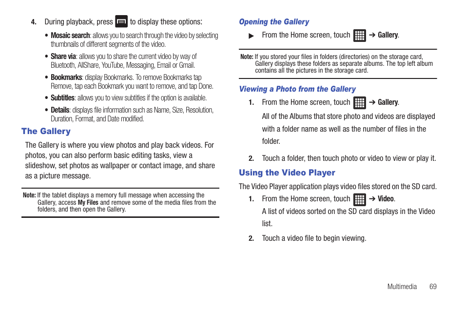 The gallery, Using the video player, The gallery using the video player | Samsung SGH-T849ZKDTMB User Manual | Page 73 / 158