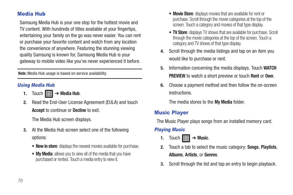 Media hub, Music player, Media hub music player | Samsung SGH-T849ZKDTMB User Manual | Page 74 / 158