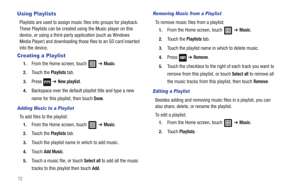 Using playlists, Creating a playlist, Using playlists creating a playlist | Samsung SGH-T849ZKDTMB User Manual | Page 76 / 158