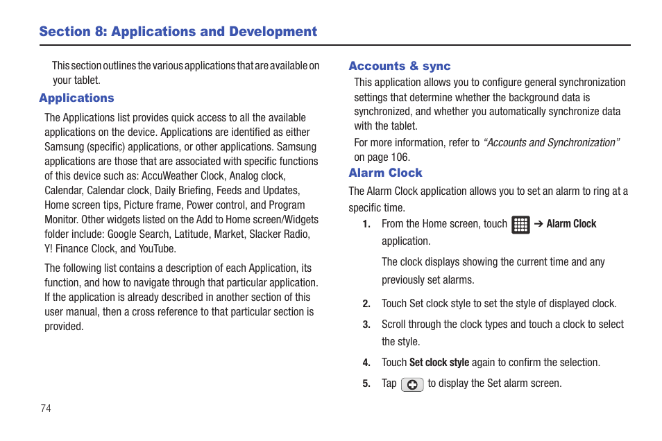 Section 8: applications and development, Applications, Accounts & sync | Alarm clock, Applications accounts & sync alarm clock | Samsung SGH-T849ZKDTMB User Manual | Page 78 / 158