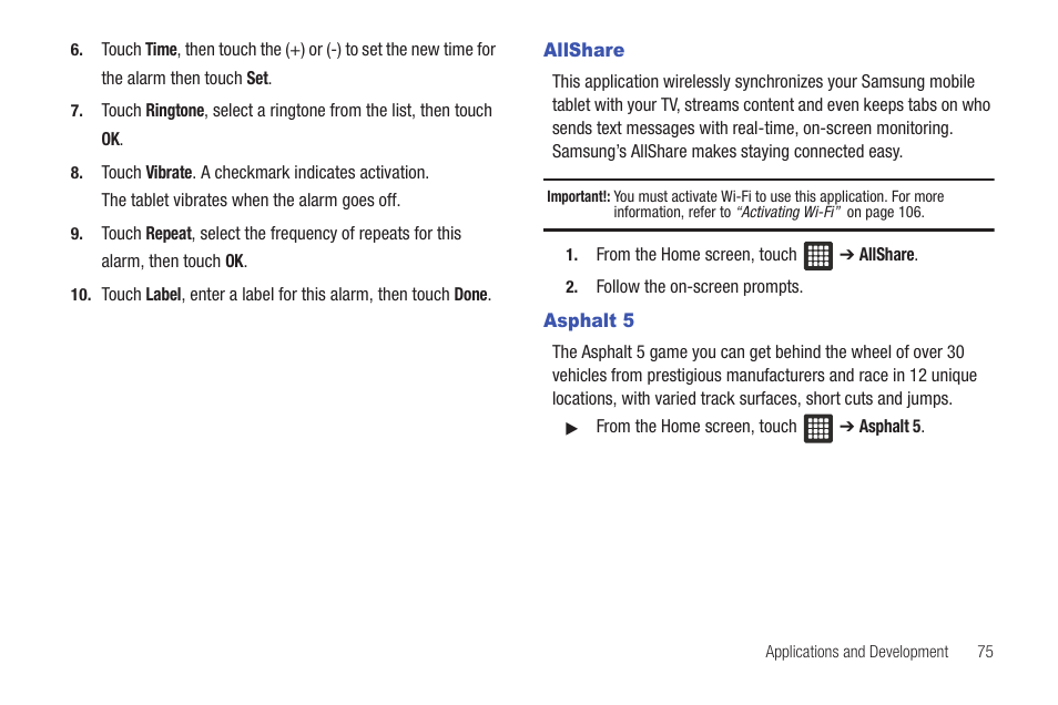 Allshare, Asphalt 5, Allshare asphalt 5 | Samsung SGH-T849ZKDTMB User Manual | Page 79 / 158