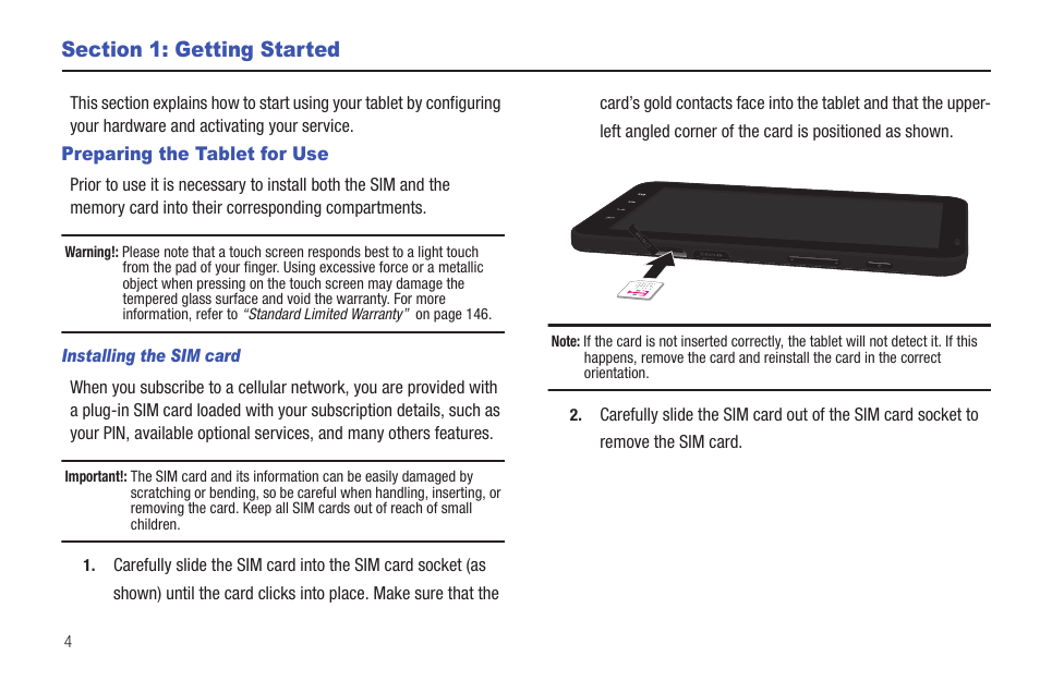 Section 1: getting started, Preparing the tablet for use | Samsung SGH-T849ZKDTMB User Manual | Page 8 / 158