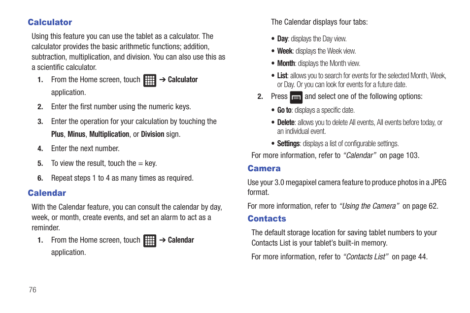 Calculator, Calendar, Camera | Contacts, Calculator calendar camera contacts | Samsung SGH-T849ZKDTMB User Manual | Page 80 / 158