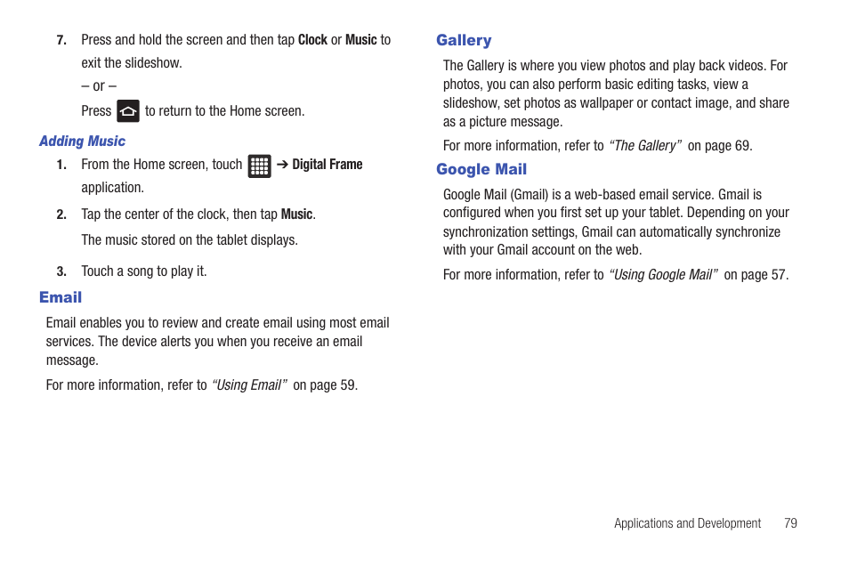 Email, Gallery, Google mail | Email gallery google mail | Samsung SGH-T849ZKDTMB User Manual | Page 83 / 158