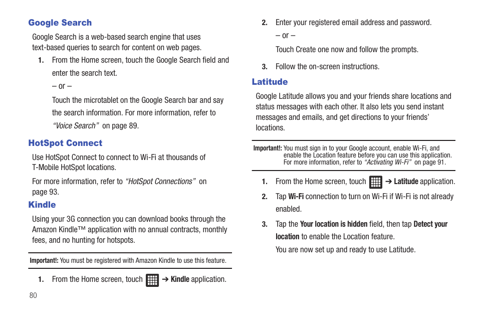 Google search, Hotspot connect, Kindle | Latitude, Google search hotspot connect kindle latitude | Samsung SGH-T849ZKDTMB User Manual | Page 84 / 158