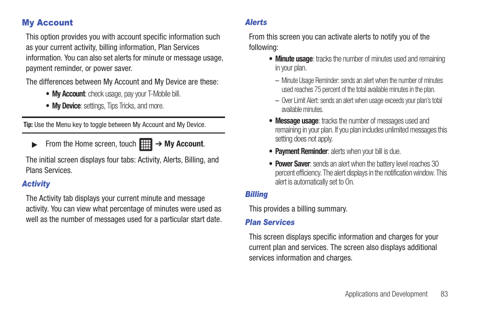 My account | Samsung SGH-T849ZKDTMB User Manual | Page 87 / 158