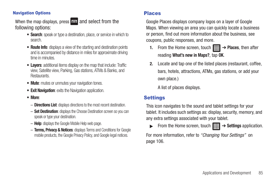 Places, Settings, Places settings | Samsung SGH-T849ZKDTMB User Manual | Page 89 / 158