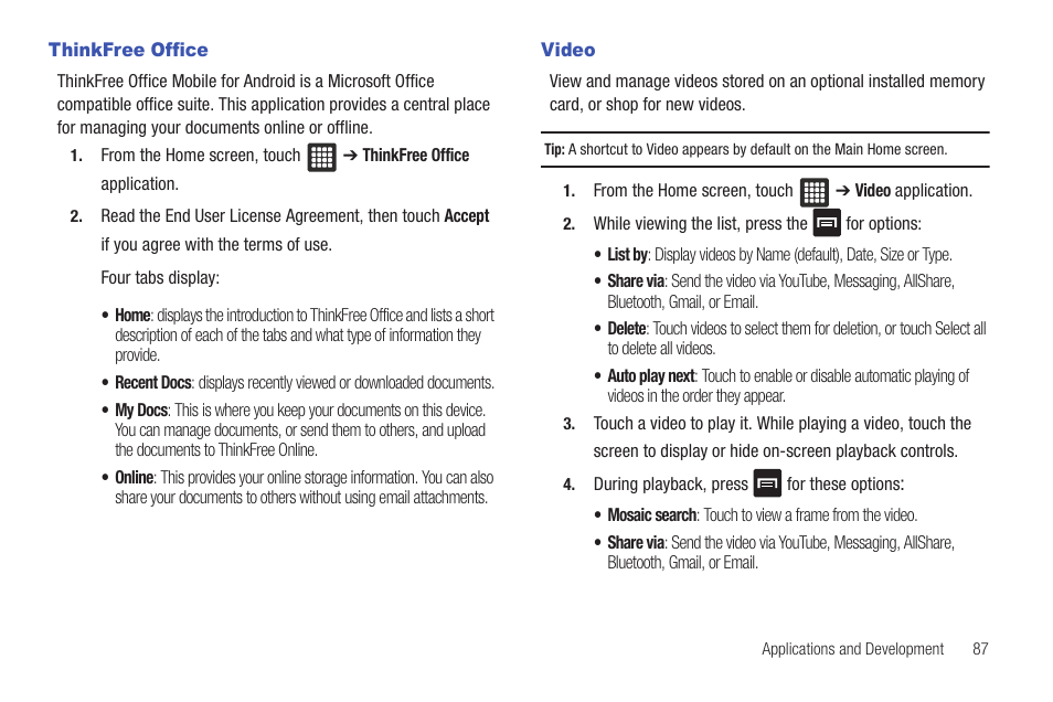 Thinkfree office, Video, Thinkfree office video | Samsung SGH-T849ZKDTMB User Manual | Page 91 / 158