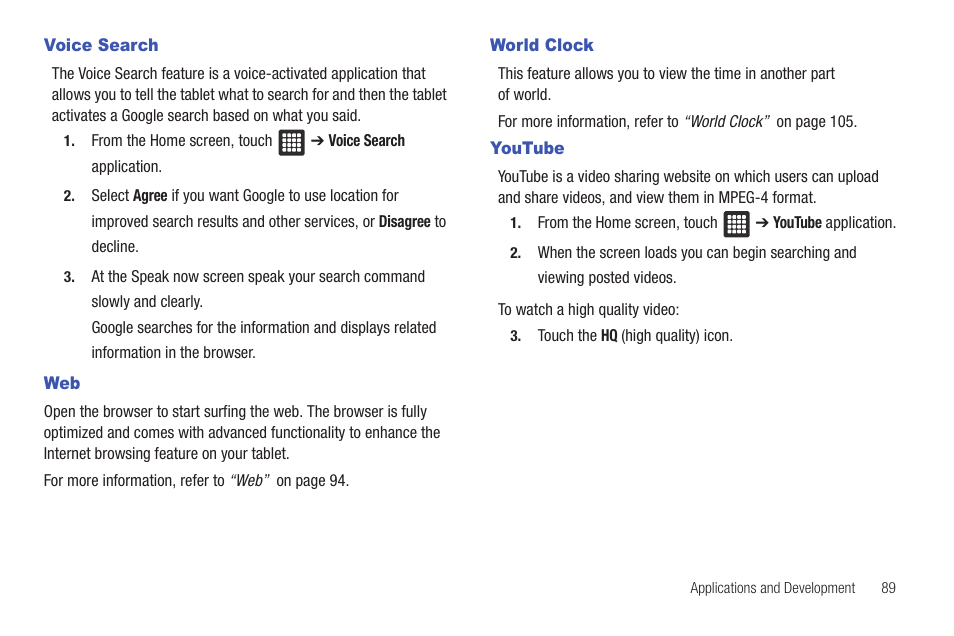 Voice search, World clock, Youtube | Voice search web world clock youtube, N. for more information, refer to | Samsung SGH-T849ZKDTMB User Manual | Page 93 / 158