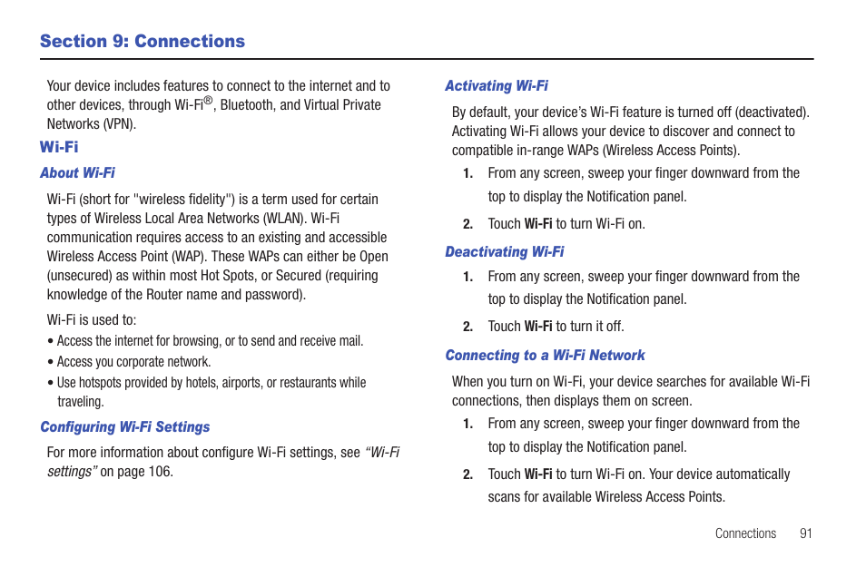 Section 9: connections, Wi-fi | Samsung SGH-T849ZKDTMB User Manual | Page 95 / 158