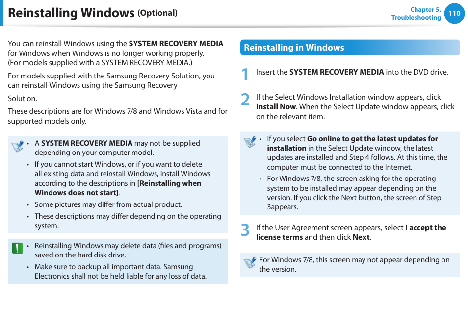 Reinstalling windows (optional), Reinstalling windows | Samsung NP540U3C-A01US User Manual | Page 111 / 145