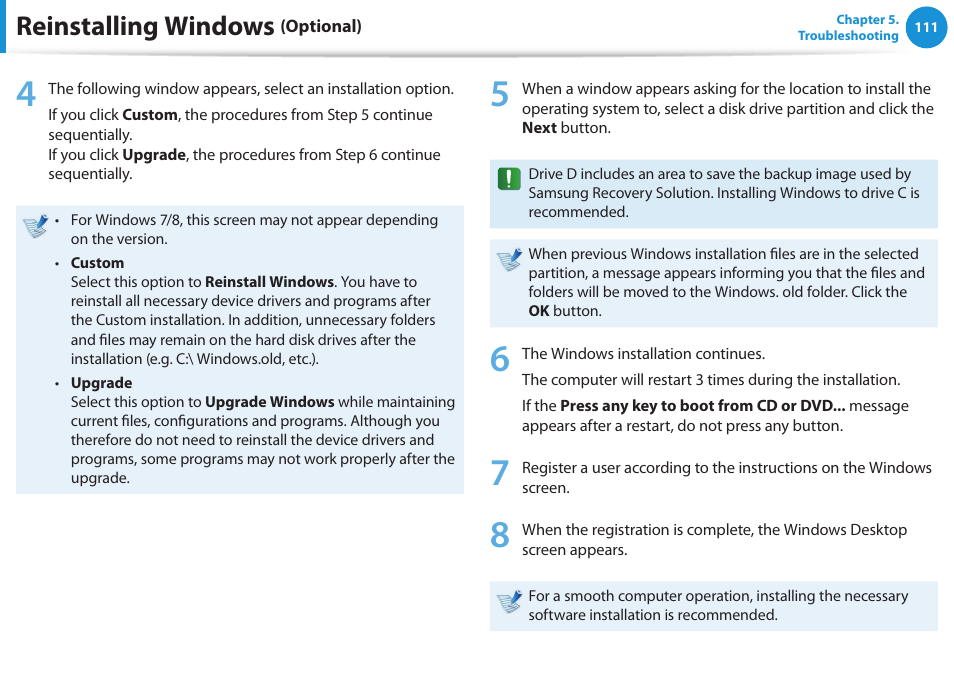 Reinstalling windows | Samsung NP540U3C-A01US User Manual | Page 112 / 145