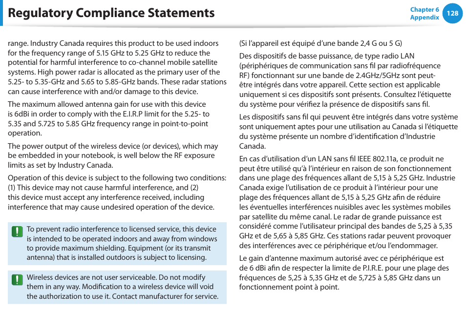 Regulatory compliance statements | Samsung NP540U3C-A01US User Manual | Page 129 / 145