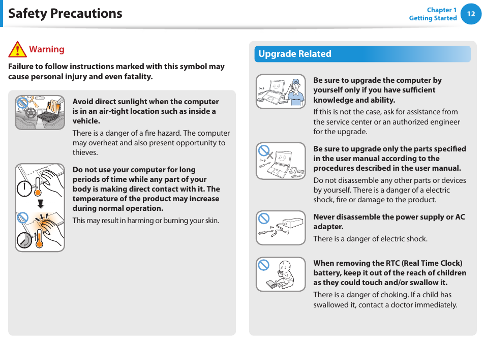 Safety precautions, Upgrade related, Warning | Samsung NP540U3C-A01US User Manual | Page 13 / 145