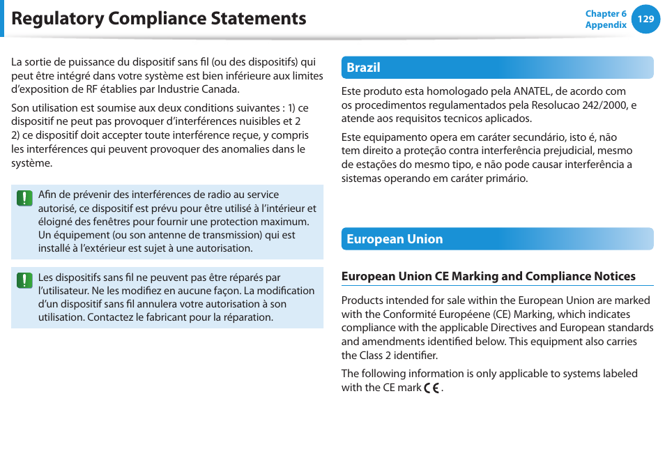 Regulatory compliance statements | Samsung NP540U3C-A01US User Manual | Page 130 / 145