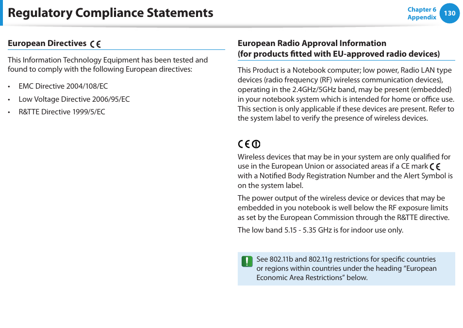 Regulatory compliance statements | Samsung NP540U3C-A01US User Manual | Page 131 / 145