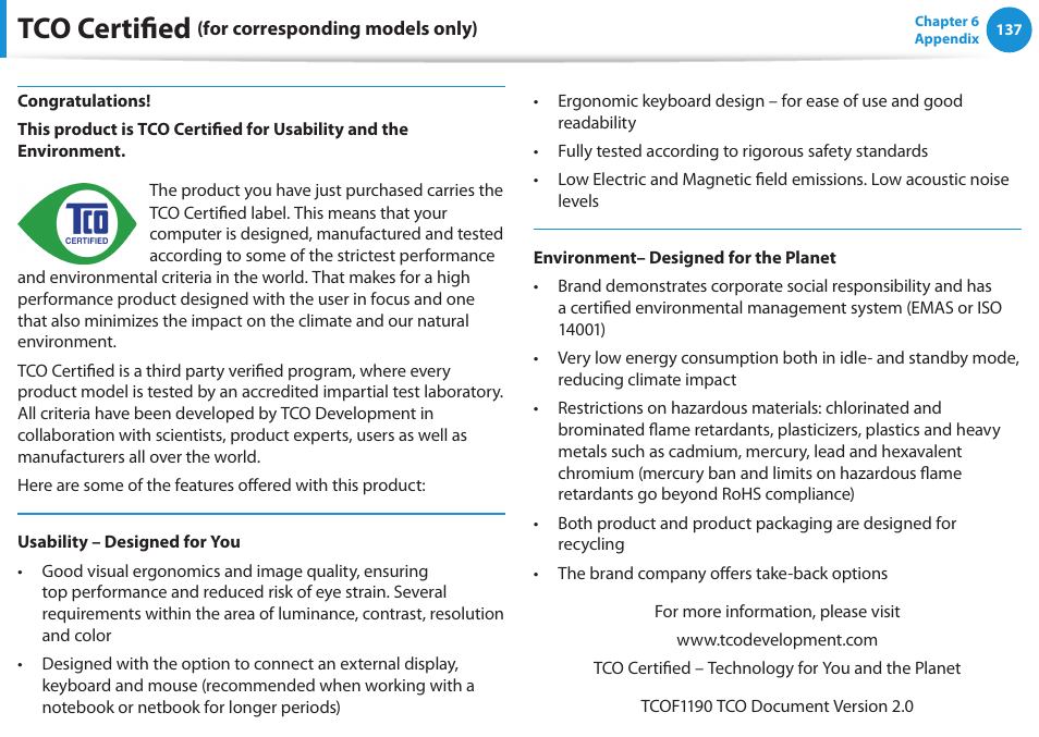 Tco certified (for corresponding models only), Tco certified, Félicitations | Samsung NP540U3C-A01US User Manual | Page 138 / 145