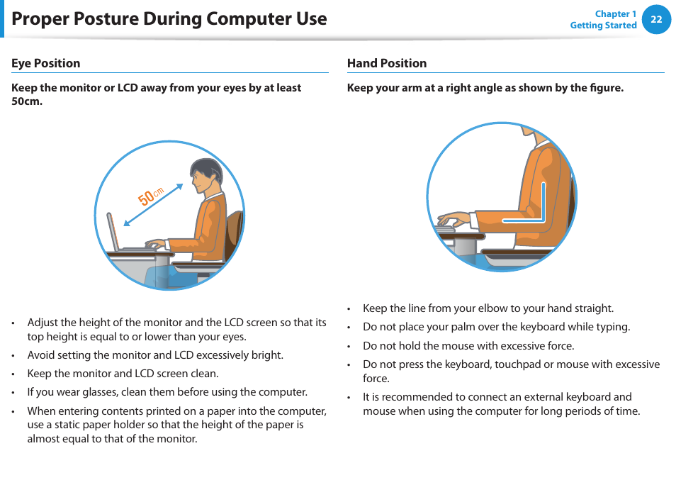 Proper posture during computer use | Samsung NP540U3C-A01US User Manual | Page 23 / 145