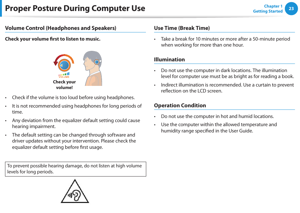 Proper posture during computer use | Samsung NP540U3C-A01US User Manual | Page 24 / 145