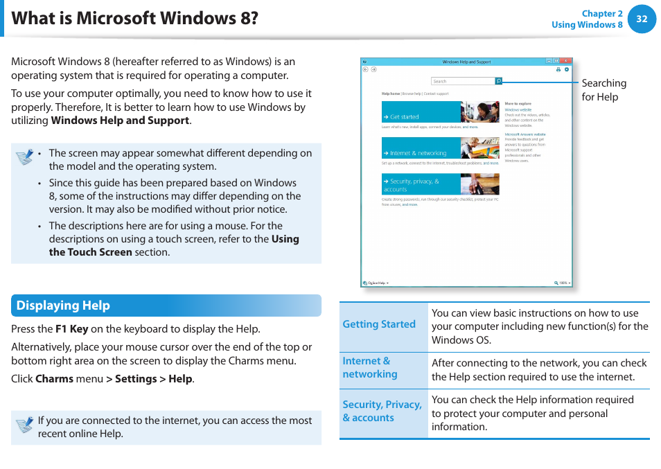 What is microsoft windows 8, Displaying help | Samsung NP540U3C-A01US User Manual | Page 33 / 145