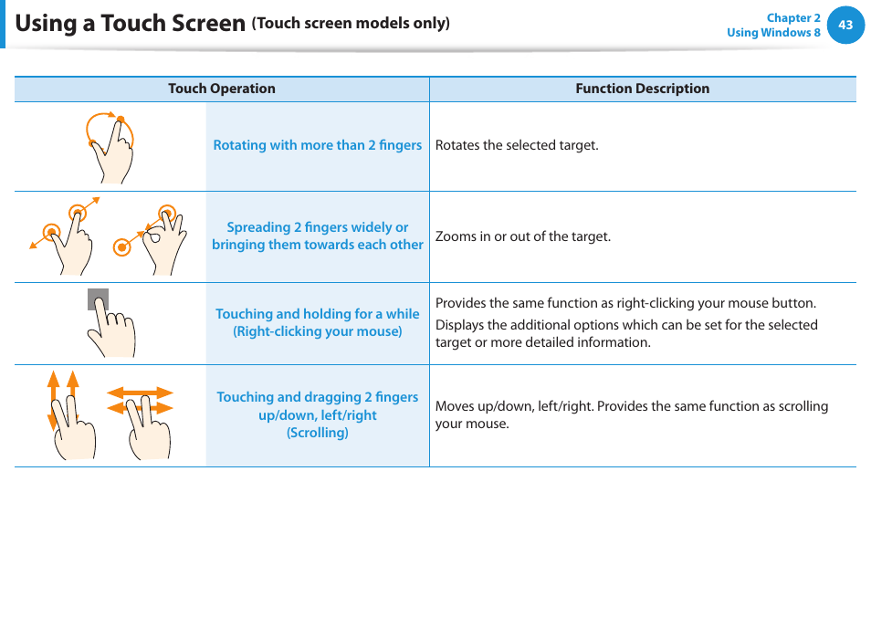 Using a touch screen | Samsung NP540U3C-A01US User Manual | Page 44 / 145