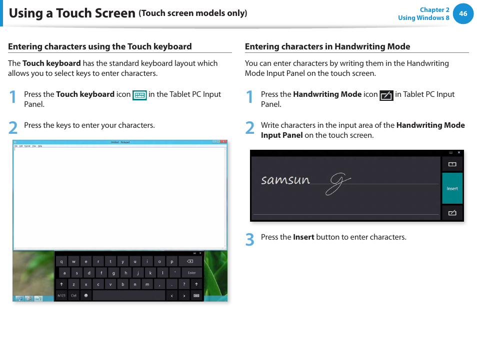 Using a touch screen | Samsung NP540U3C-A01US User Manual | Page 47 / 145