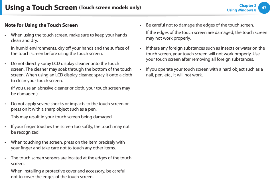 Using a touch screen | Samsung NP540U3C-A01US User Manual | Page 48 / 145