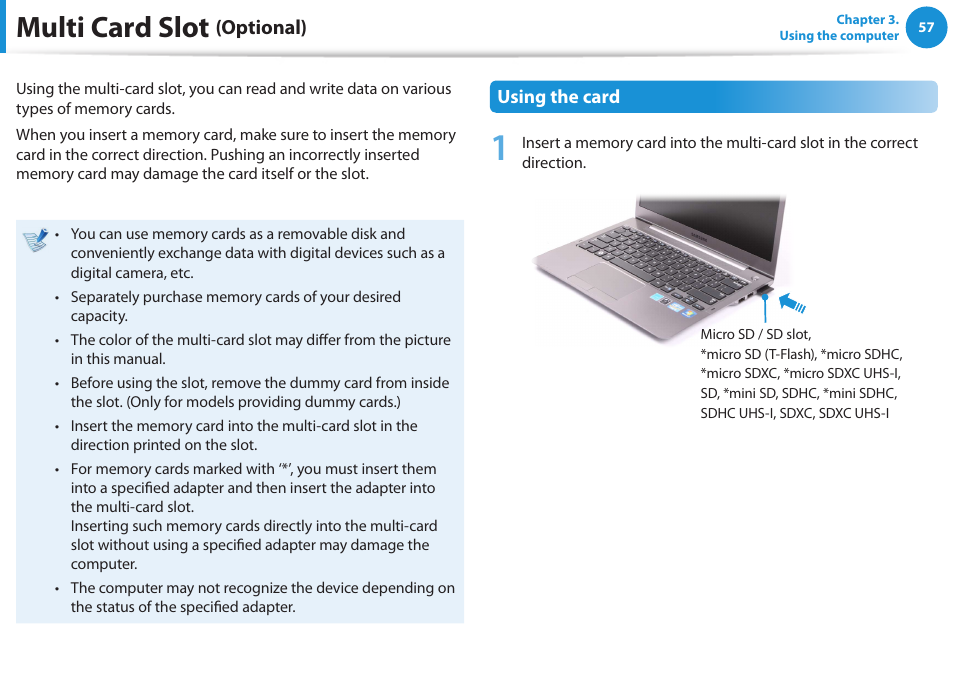 Multi card slot (optional), Multi card slot, Optional) | Samsung NP540U3C-A01US User Manual | Page 58 / 145