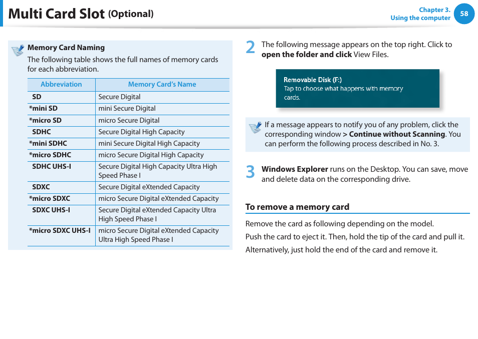 Multi card slot, Optional) | Samsung NP540U3C-A01US User Manual | Page 59 / 145