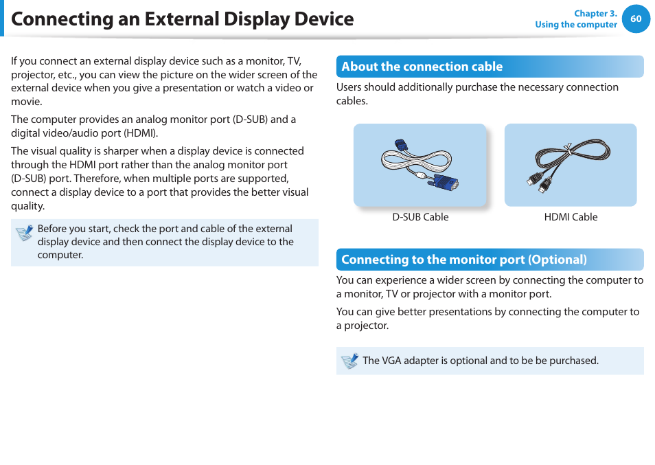 Connecting an external display device | Samsung NP540U3C-A01US User Manual | Page 61 / 145