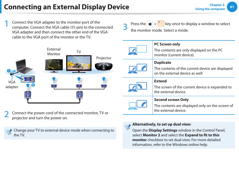Connecting an external display device | Samsung NP540U3C-A01US User Manual | Page 62 / 145