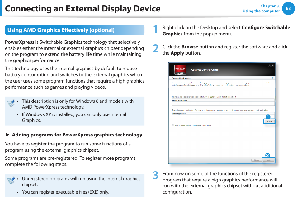 Connecting an external display device | Samsung NP540U3C-A01US User Manual | Page 64 / 145